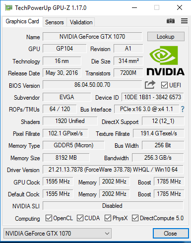 EVGA GeForce GTX 1070 SC2 Gaming iCX 